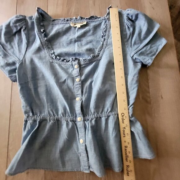 Madewell Womens Blue Short Sleeve Button-Down Peplum Top S Cotton Blend Denim Ru - Picture 10 of 15